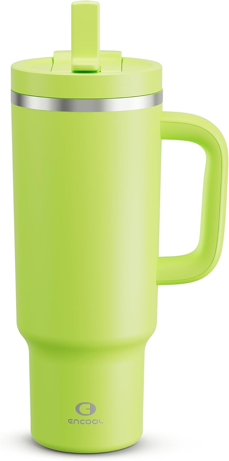 ENCOOL 40 oz Tumbler with Handle and Straw: Stainless Steel Insulated Tumbler Keeps Cold for 24 Hours, Leakproof Travel Cup Fits in Cup Holder and BPA-Free,Sharp Green - Image 1